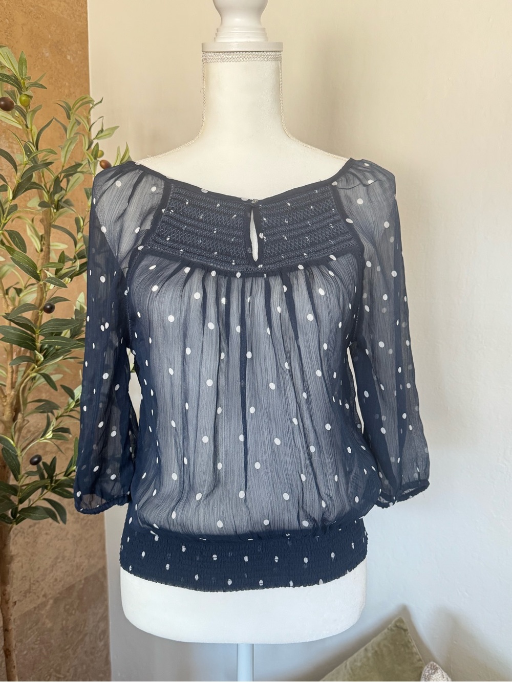 Abercrombie & Fitch Navy Sheer Polka Dot Blouson Top Size S